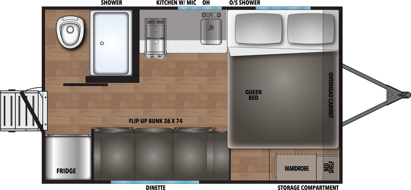 The Shasta I-5 Edition & Compact 16BH floorplan has one entry and zero slide outs. Exterior features include: metal exterior. Interiors features include: bunk beds and front bedroom.